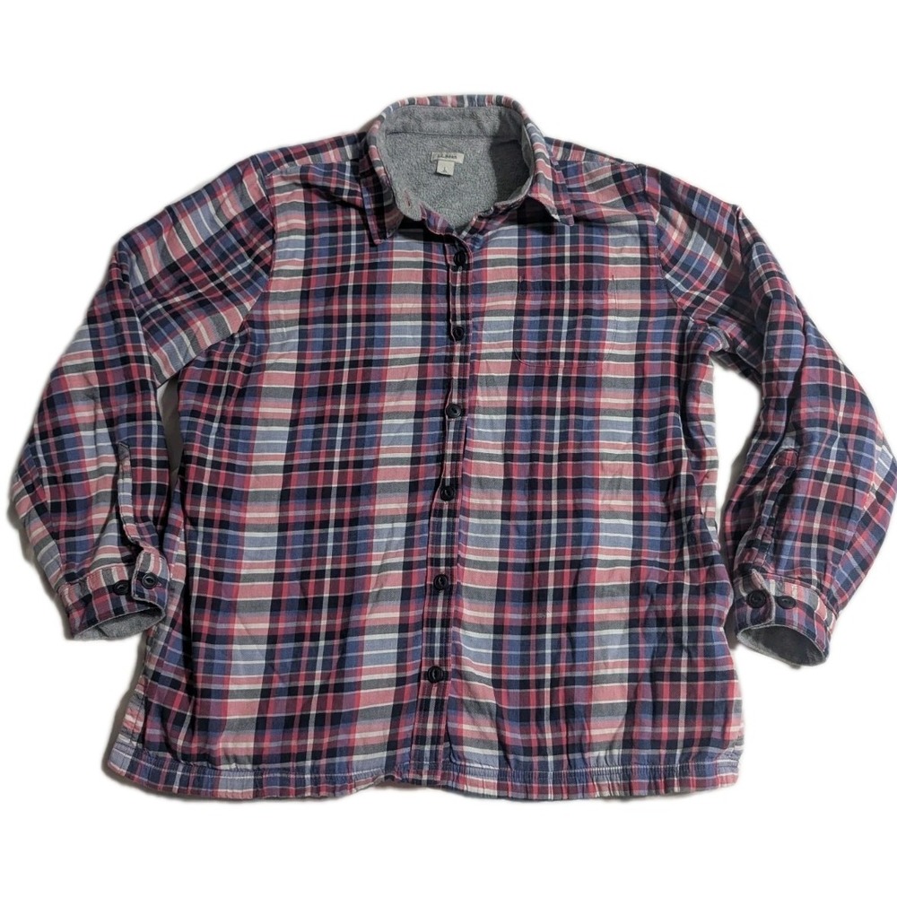 L.L.Bean Women's L Fleece Lined Flannel‎ Shirt Pink Navy Plaid Long Sleeve Warm